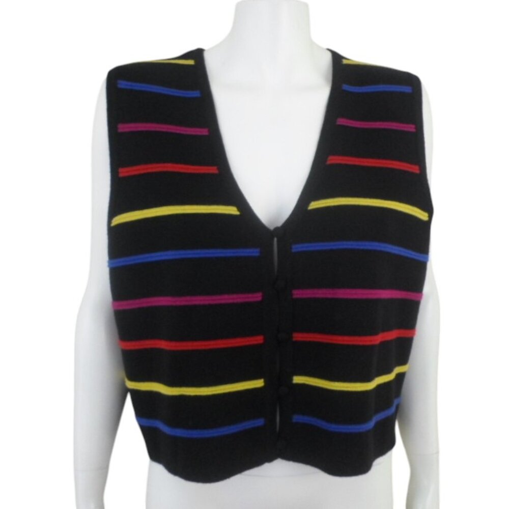 Vtg Maggy London Wool Blend Button Up Sweater Vest Black w Multicolor Stripes